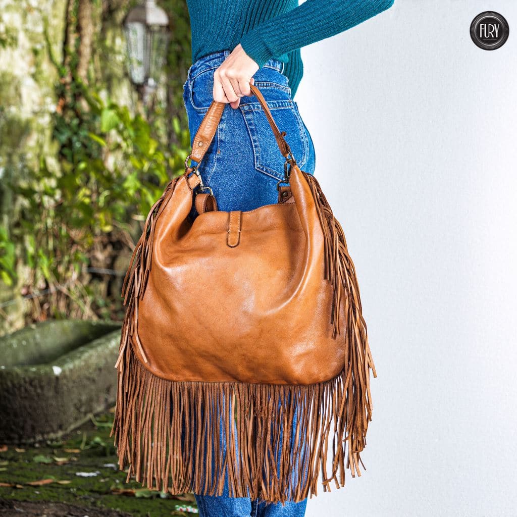 Borsa a spalla in pelle vintage con frange lunghe Fury Bags#colore_cuoio