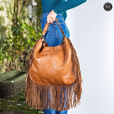 Borsa a spalla in pelle vintage con frange lunghe Fury Bags#colore_cuoio